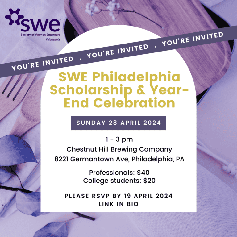 Purple background with wood plate and utensils and decorative foliage. Banner stating “you’re invited” three times followed by text stating SWE Philadelphia Scholarship & Year-End Celebration. Sunday 28 April 2024. 1-3pm Chestnut Hill Brewing Company, 8221 Germantown Ave, Philadelphia, PA. Professionals: $40, college students: $20. Please RSVP by 19 April 2024.