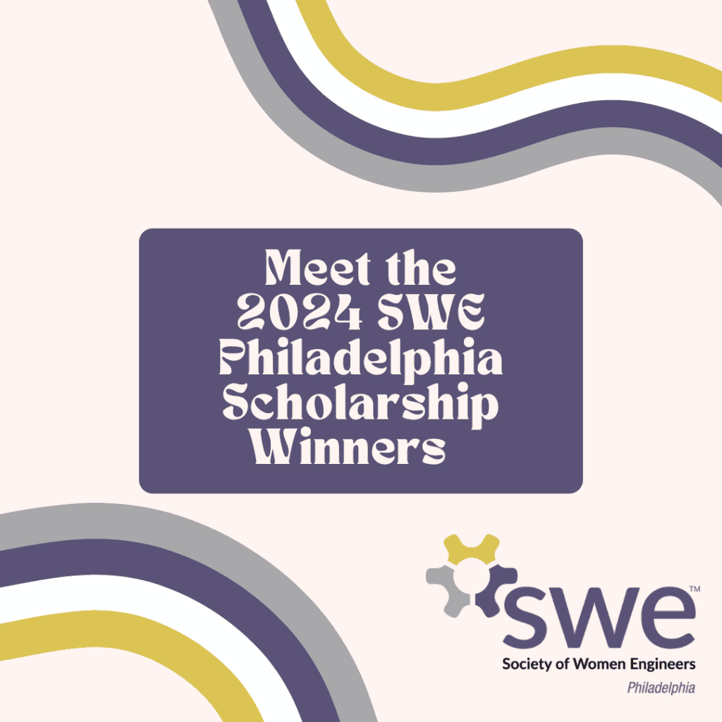 a retro style graphic with the text “meet the 2024 SWE Philadelphia scholarship winners” in the center